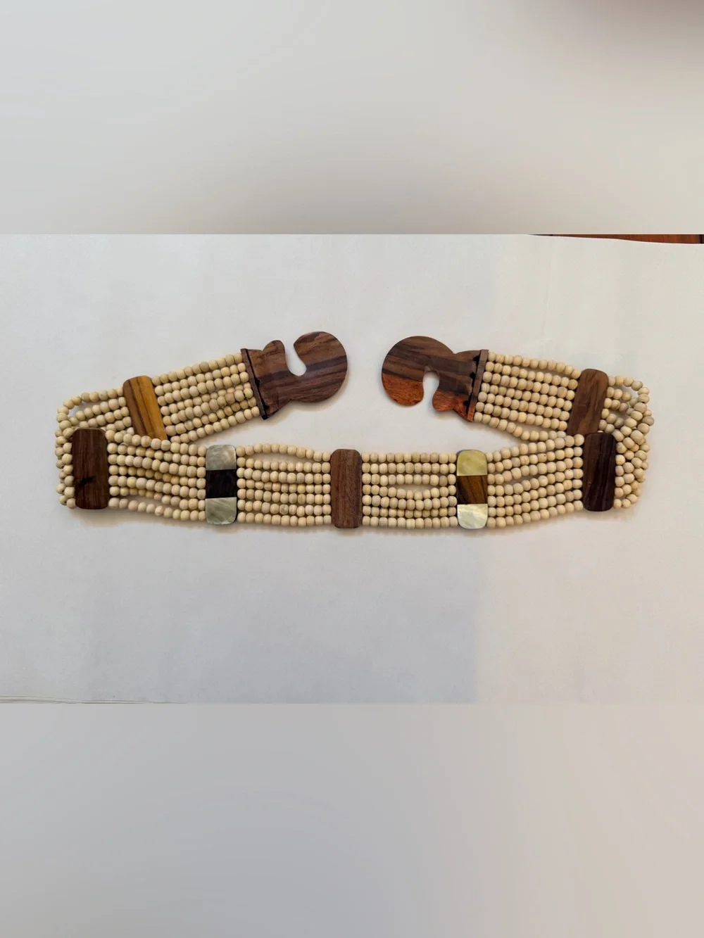 Wood Beaded Stretch Belt Wide Boho Natural Wood 32-33” Unmarked Statement